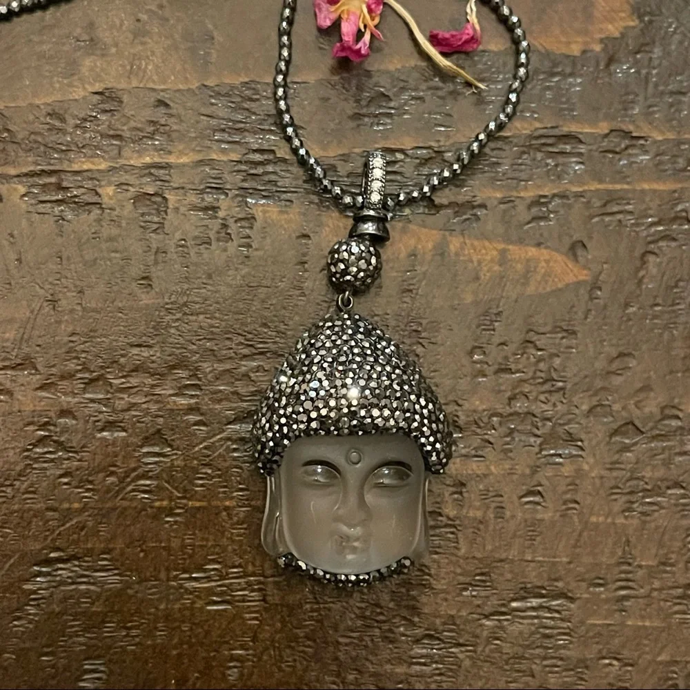 Glass Buddha pendant necklace with in pyrite/ Hematite beads. 32 inches long. - Picture 6 of 10